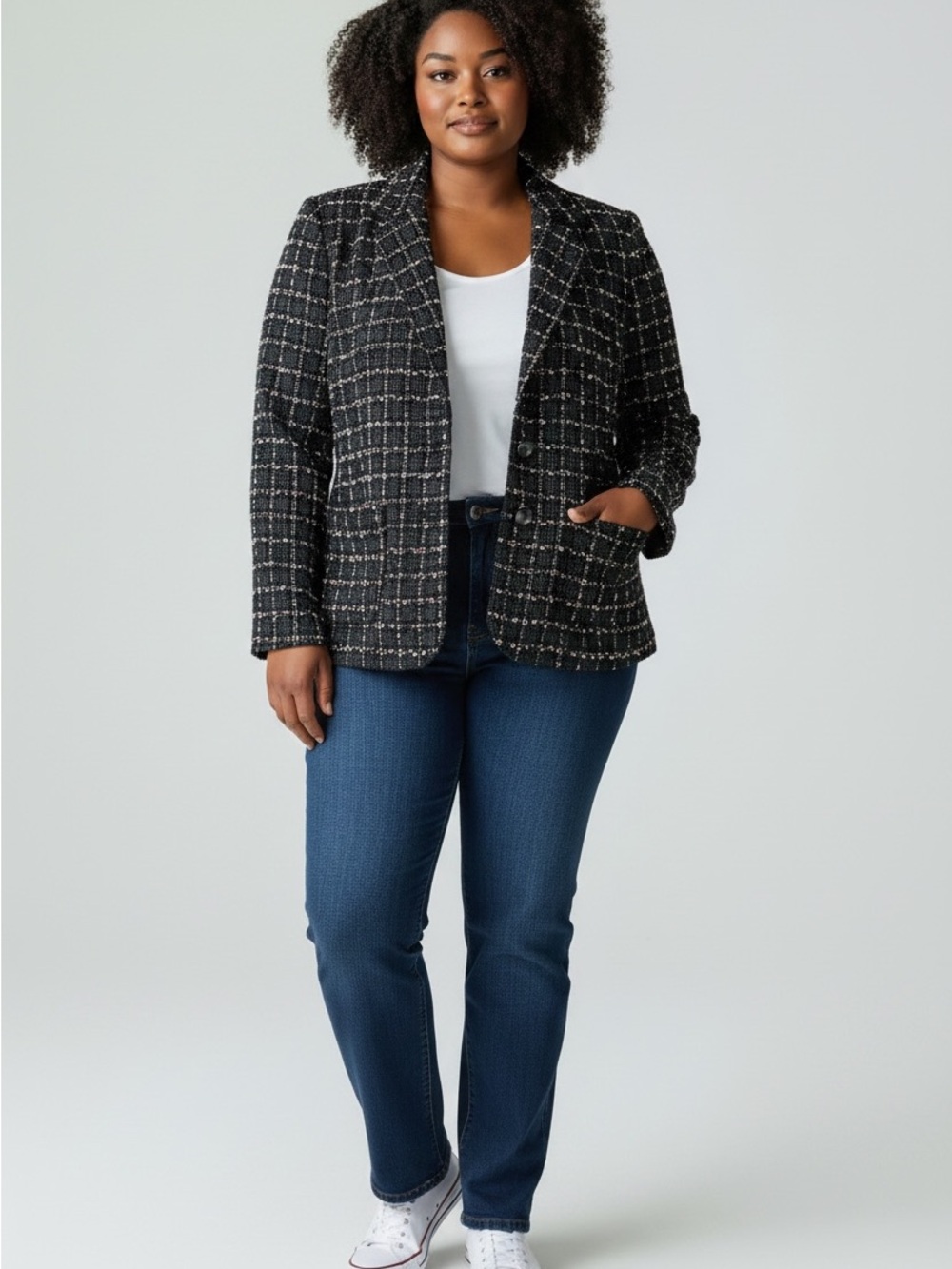 Tradition Rare Vintage Black Windowpane Tweed Blazer, Lined, Pockets